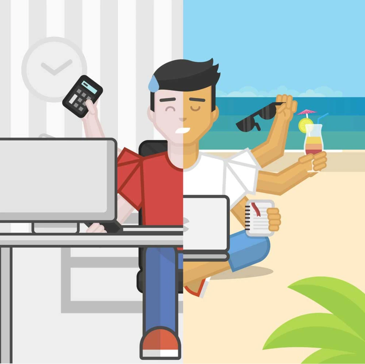 image of man with different lifestyles split in the middle at the office and at the beach