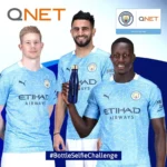 Three men in Etihad jerseys holding homePure water bottles, promoting healthy hydration practices