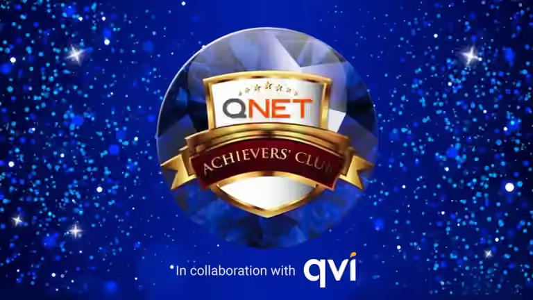 QNET Sapphire Star version of the Achievers Club logo; the banner also says in collaboration with QVI