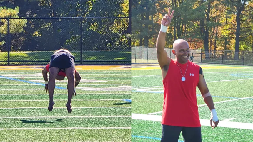 a still of QNET ID Anup Debnath's successful Guinness World Record attempt at 21 back handsprings and then posing for the camera with Amezcua wellness product, Chi Pendant 4, around his neck afterwards