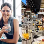 Collage of places the HomePure Nova is used: at the gym and at a juice kitchen