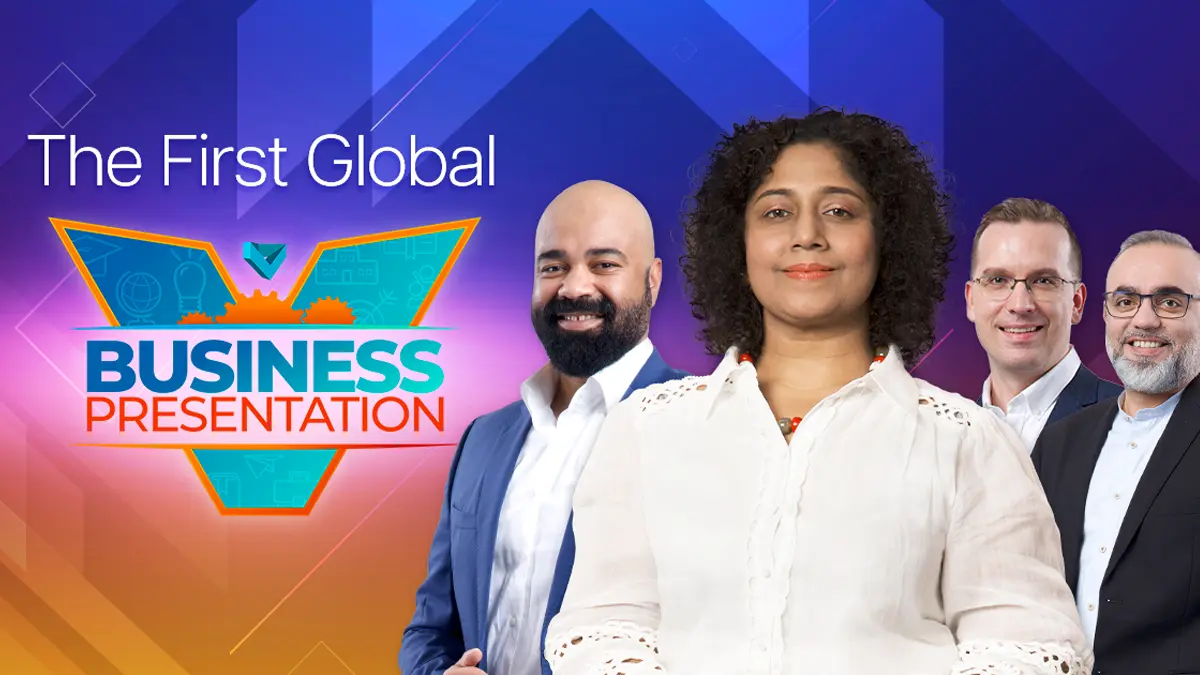 V Business Presentation – Elevate Your Direct Selling Journey 2 The First Global V Business Presentation banner featuring V Partner Kalai Manikam, Associate V Partner Marwan Talodi, QNET Chief Marketing Officer Trevor Kuna, and The V Chief Marketing and Revenue Officer Venu Johl