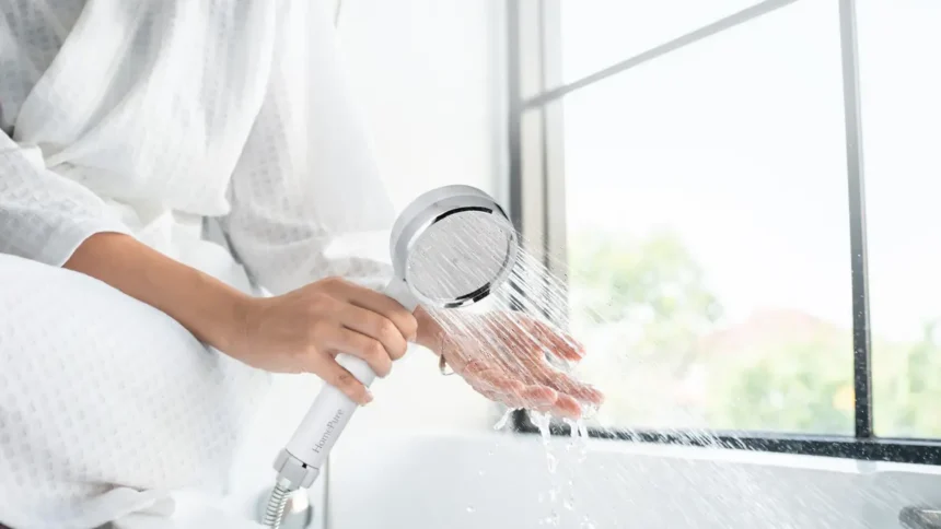 Hand holding a HomePure Rayn shower head with flowing water