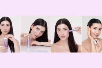 woman using the different Physio Radiance AURA 4-step skincare products