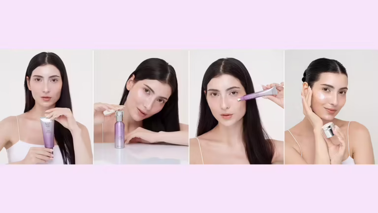 woman using the different Physio Radiance AURA 4-step skincare products