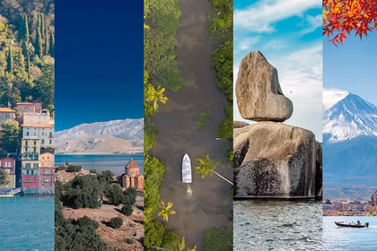 Collage of the 5 best lakes to visit around the world: Lake Como, Lake Van, Lake Vembanad, Lake Victoria, Lake Kawaguchi