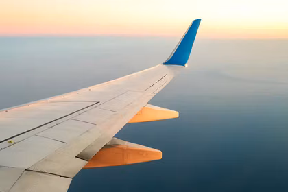 View of an airplane wing in QVI colours
