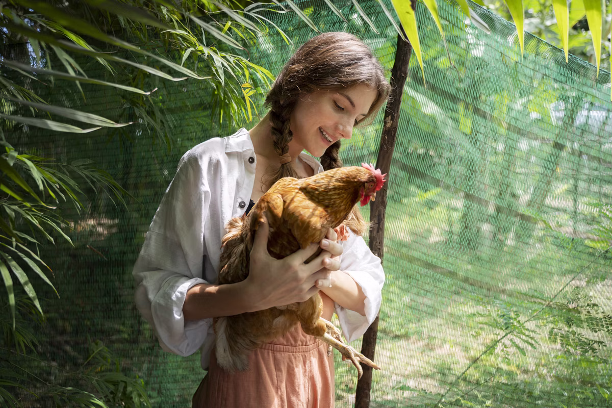 Women holding chickens with care, representing vegetarian and meat-free food choices
